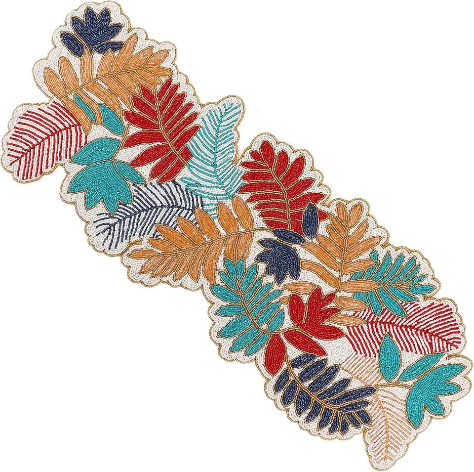 CLEENTABLE Beaded Table Runner 13x36 in, Leaf Design, Glass Beads