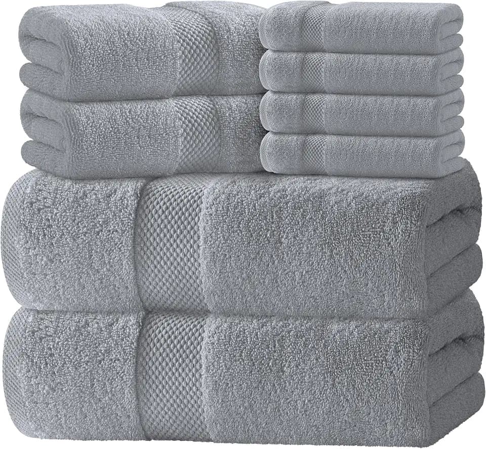 White Classic Luxury Dolphin Gray Bath Towel Set of 8-100% Turkish Cotton