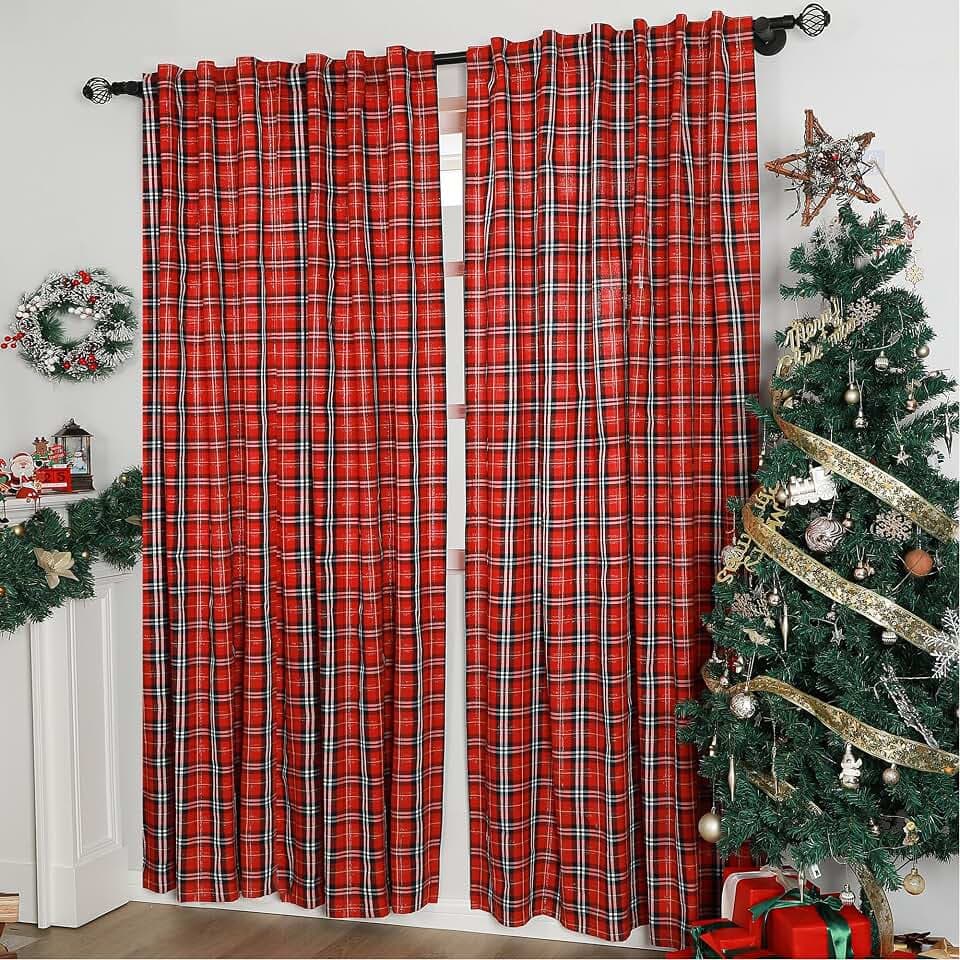 2 Pcs Plaid Curtains 72 Inches Red Black Country Rustic Geometric Tartan Stripes Window Panels Semi-Blackout Gingham Check Rod Pocket Backtap Curtain for Bedroom Living Room