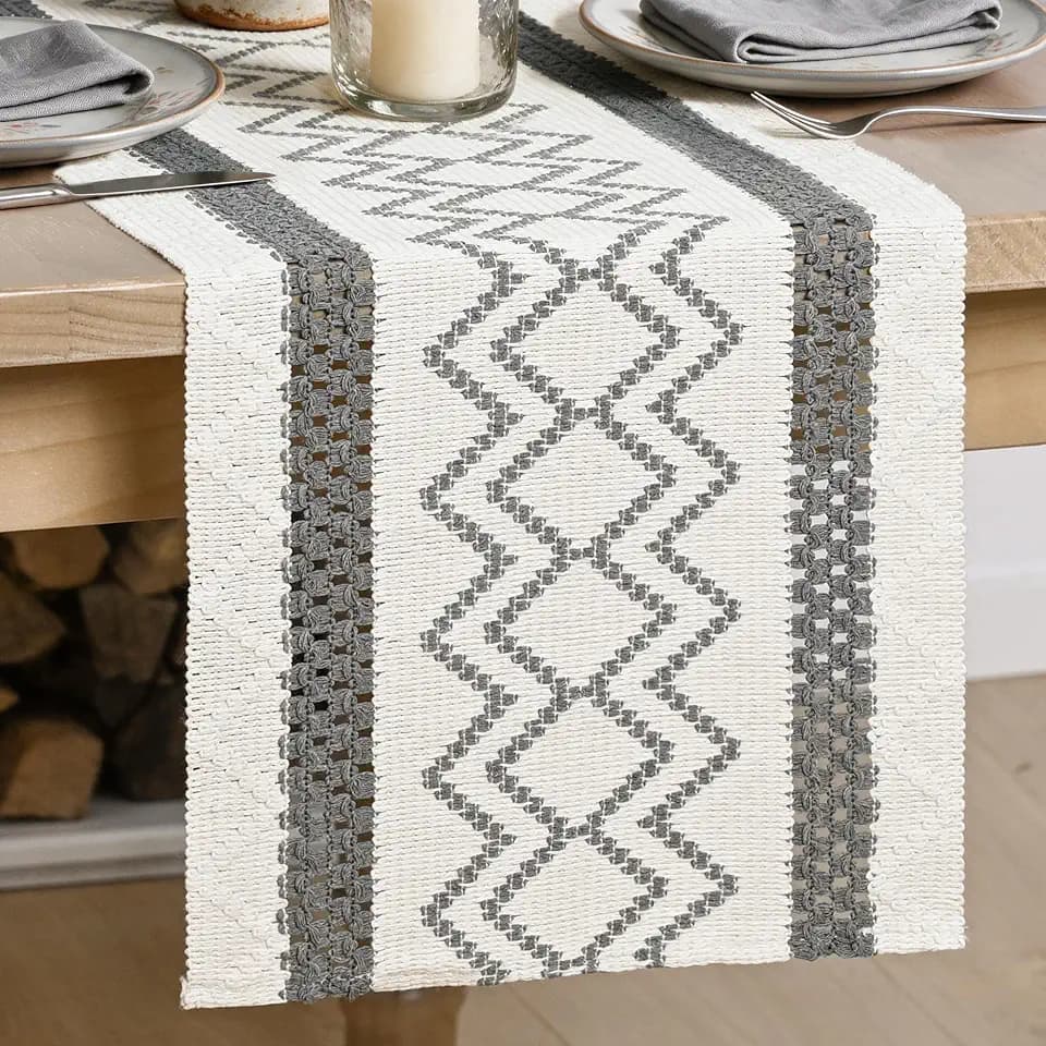 Artoid Mode Dark Grey Stripe Diamond Woven Table Runner 12x90 Inch