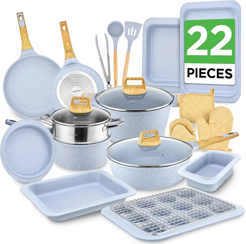 NutriChef 22-Piece Nonstick Cookware Set – Pots and Pans Set with Bakeware & Cooking Utensils, Induction Compatible, PFOA & PFOS Free, Marble Coating, Tempered Glass Lids (Moon Grey Marble)