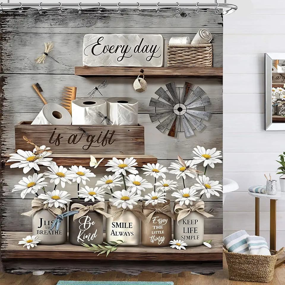 Rustic Daisy Vintage Country Flower Shower Curtain 60Wx72L Inch Farmhouse Butterfly Brown Floral Wooden Plank Inspirational Cottage Style Bathroom Decor Waterproof Fabric 12 Plastic Hooks