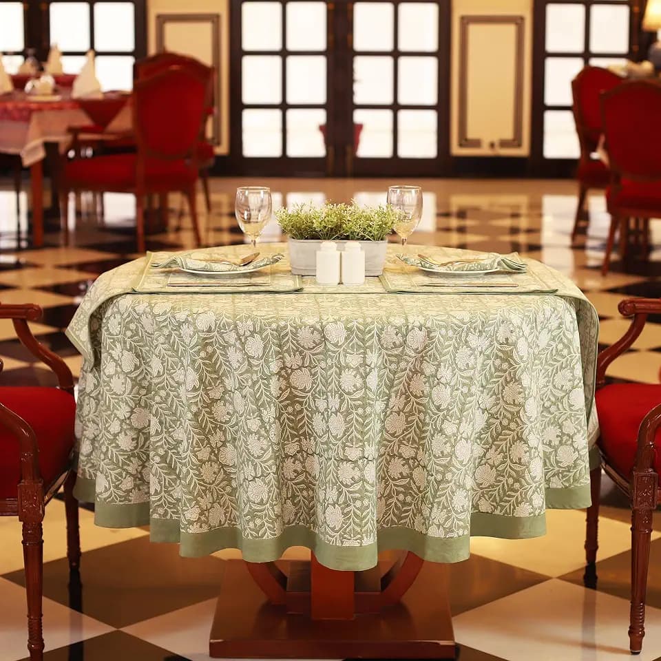 Labhanshi Hand Block Print Cotton Round Tablecloth, Sage Green