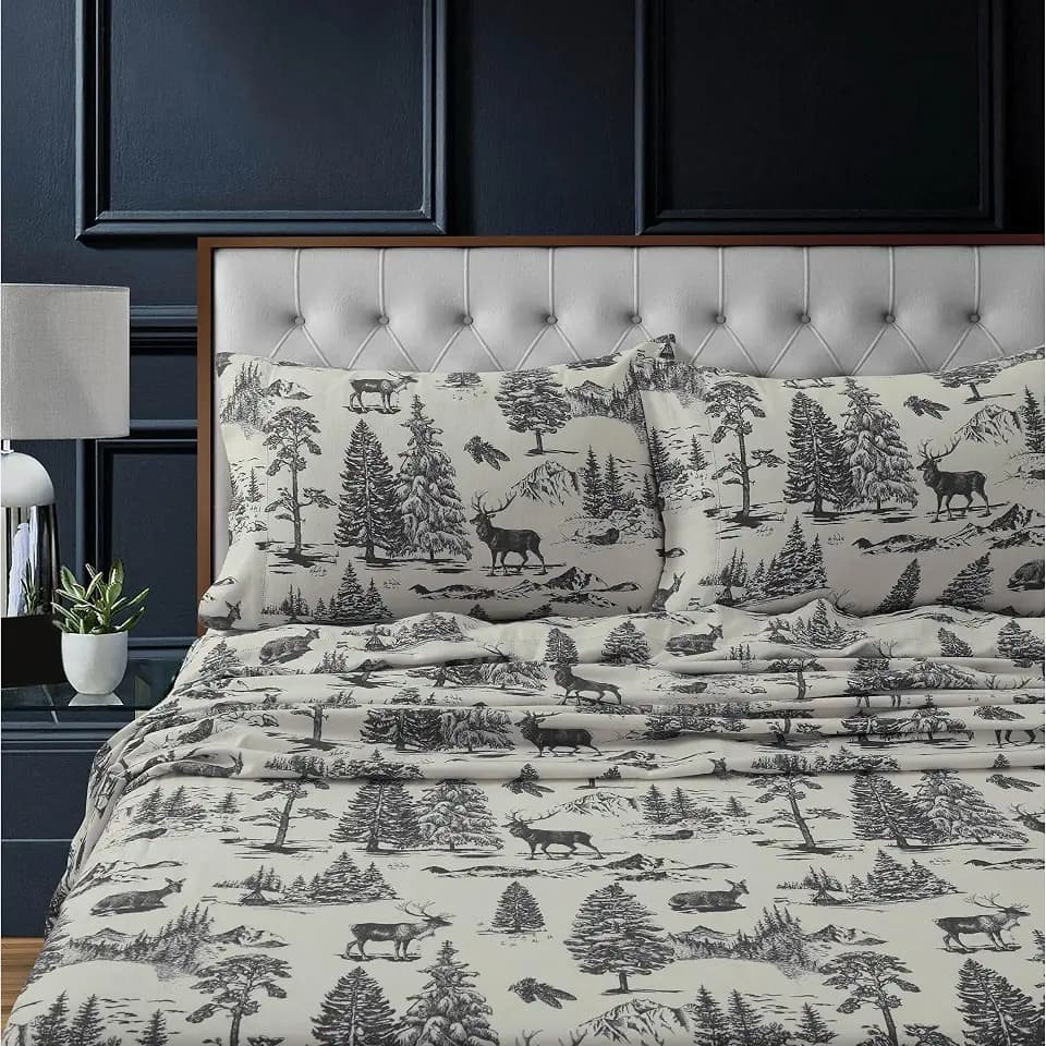 Tribeca Living Flannel Sheets King Size - 100% Cotton Flannel Sheet Set, 200 GSM Deep Pocket King Flannel Sheets, 4 Piece Ultra Soft Brushed Cotton Flannel Sheet in Deer Toile Charcoal Print
