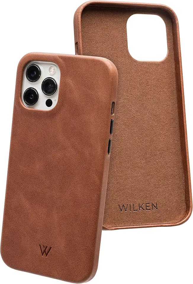 Wilken Leather Slim Phone Case Compatible with iPhone 14 Pro | Compatible with MagSafe & Wireless Charging | Premium Top-Grain Leather Cover with Metal Buttons (14 Pro, Brown)