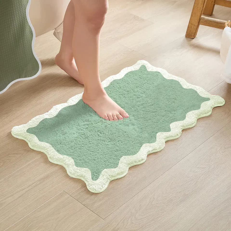 MONDAY MOOSE Bath Mat with Scalloped Wavy Ripple Design, Microfiber Absorbent Non Slip Tufted Rug for Floor, Shower or Kitchen (16x24 inch, Sage)