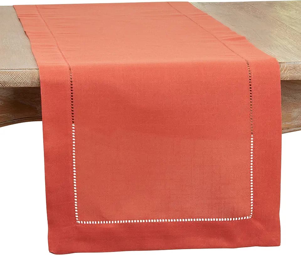 SARO LIFESTYLE Classic Hemstitch Table Runner - Elegant Everyday Table Runner with Textured Fabric and Hemstitched Border for Dining Tables and Formal Entertaining, 16"x72", Terracotta