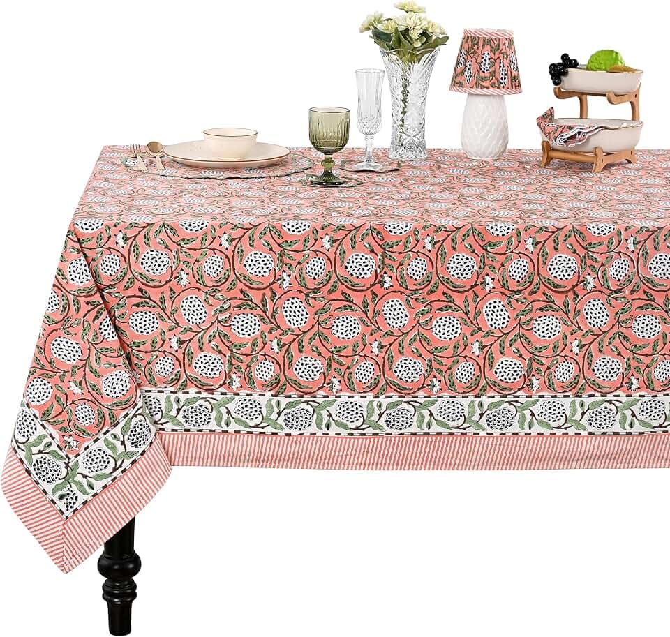 Ridhi Dark Salmon Pink Hand Block Print Rectangle Tablecloth 60x90 Inch