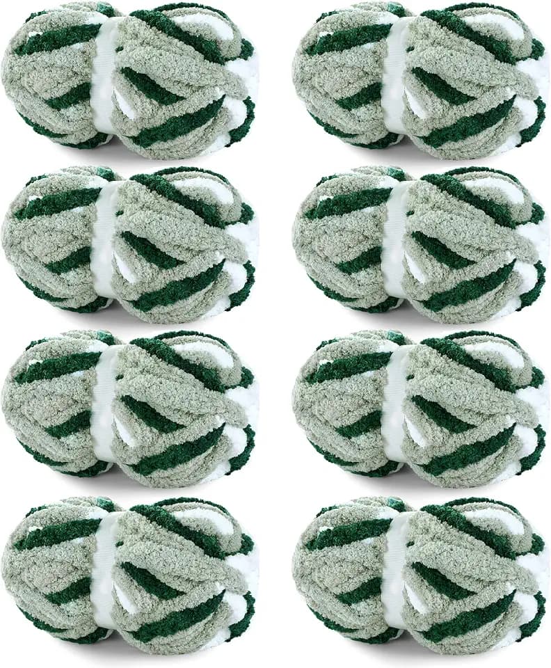HOMBYS Chunky Tie Dye Mix Chenille Yarn for Hand Knitting, Super Bulky Jumbo Yarn for Crocheting, 3/4" Thick Soft Plush Yarn for Blankets, 8 Skein Pack (26 yds / 7.5 oz Each) Green Multi White