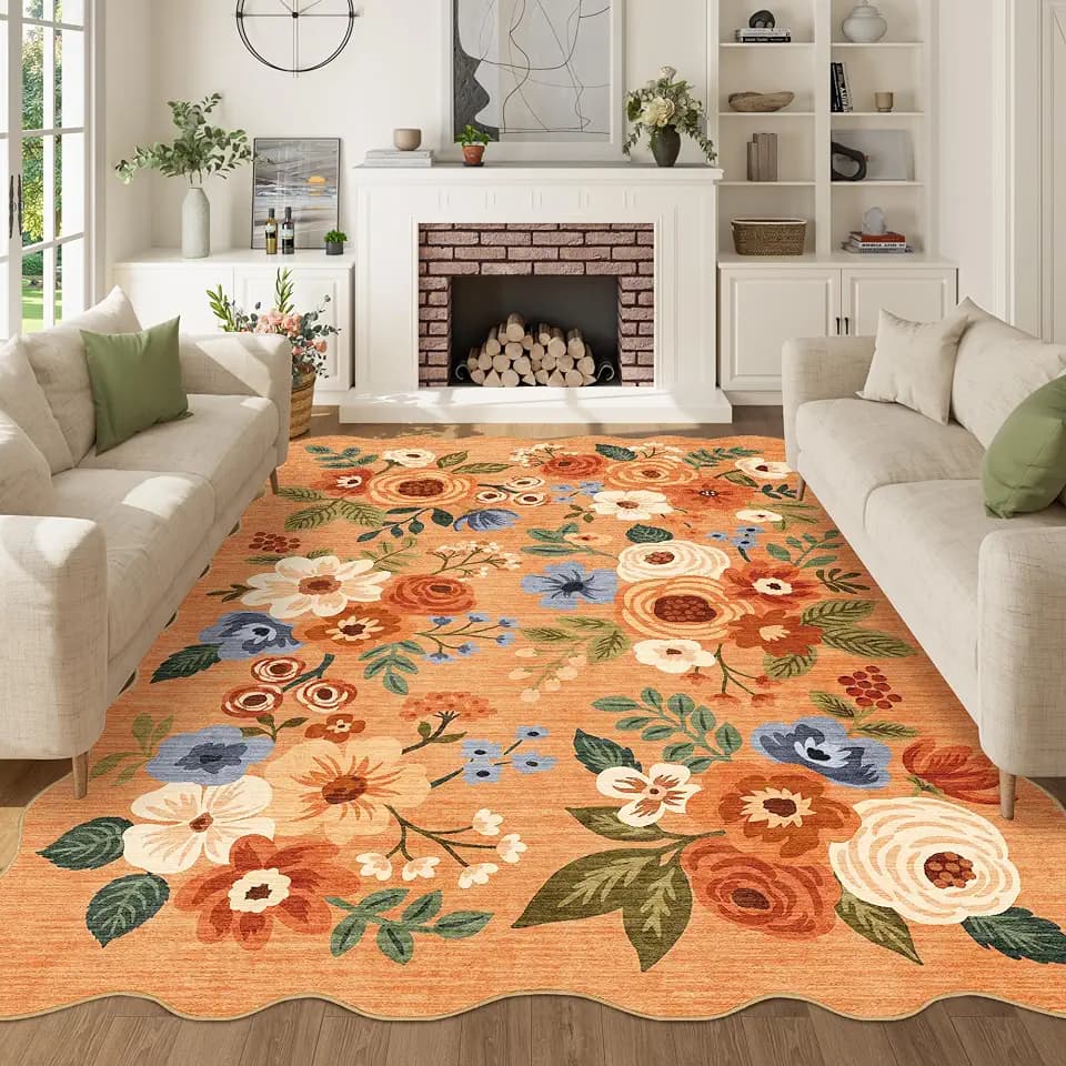 DUKINO 5x7 Area Rugs for Bedroom, Floral Washable Rug Non Slip, Orange