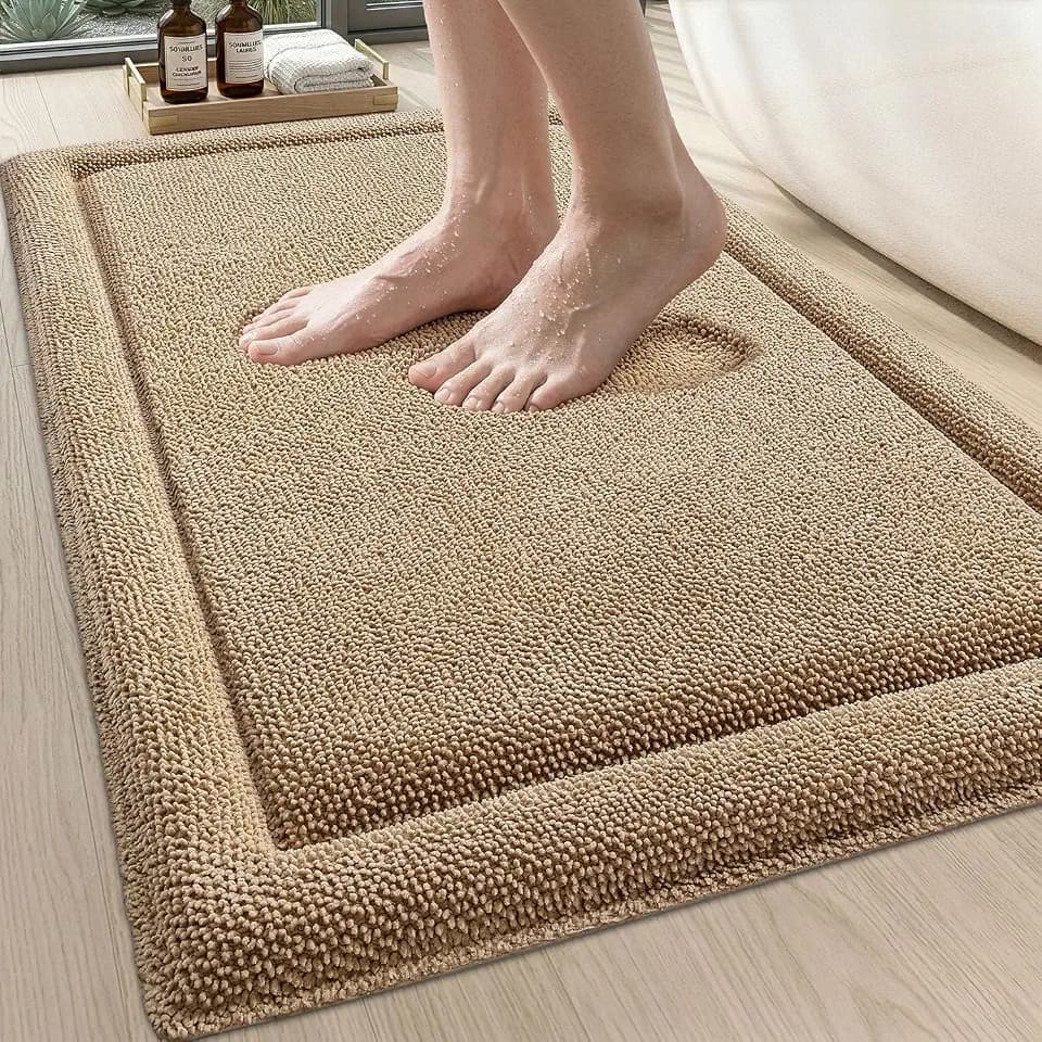 DEXI Memory Foam Bath Mat 24x17, Thick Chenille Bathroom Rug, Beige