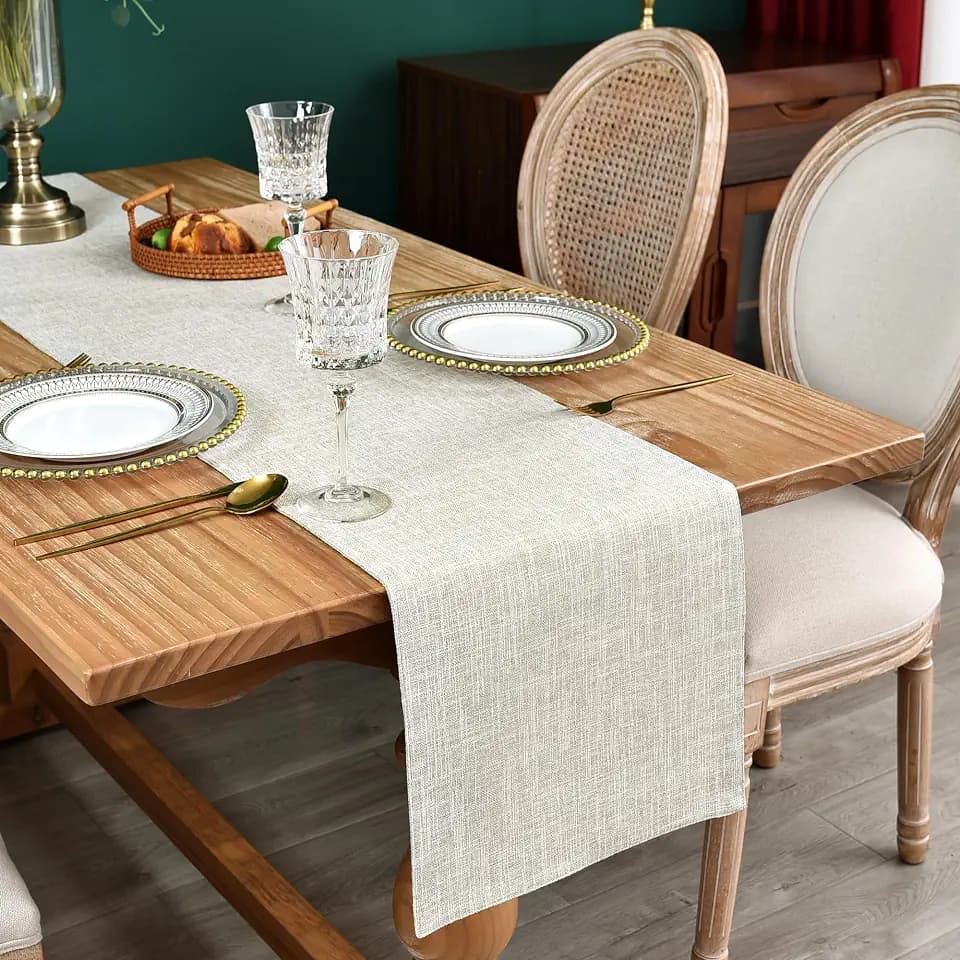 NEWISHER Reversible Double Layer Table Runner Faux Linen Fabric 13x60inch