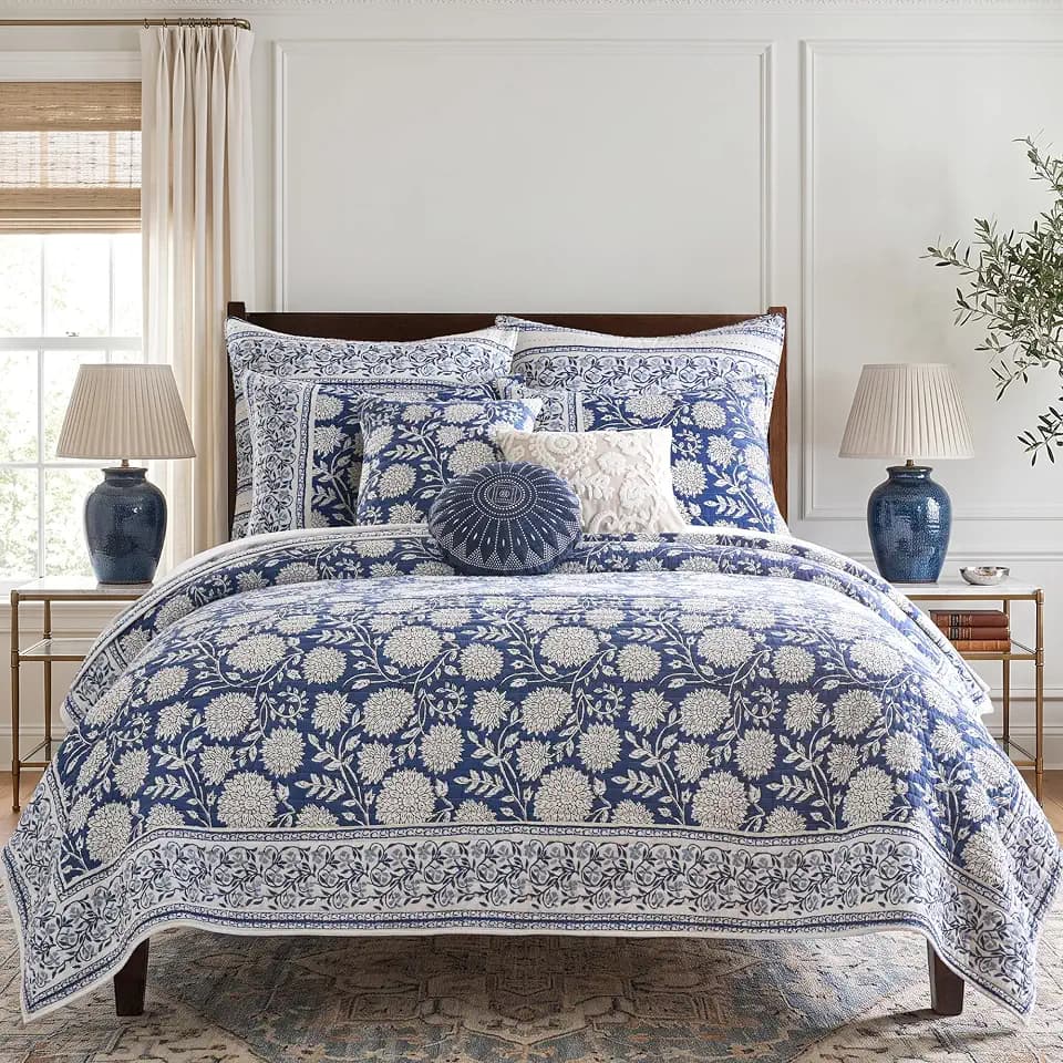 Levtex Home Adare Denim Reversible Full/Queen Quilt Set (88x92in) with 2 Pillow Shams (26x20in) - Floral Bedding - Blue White - Cotton Full/Queen Size Quilt Bedding Set - Lightweight, Soft, Pre-Washed