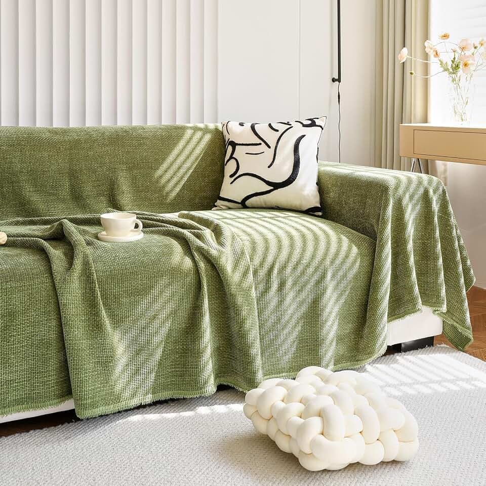 HANDONTIME Dark Green Couch Cover Jacquard Corduroy Couch Cover for Sofa Green Cute Sofa Covers Washable Morden Sofa Covers for 3 Cushion L-Shaped Soft Chenille Blanket Cover Sofa Decor, 91" X150"