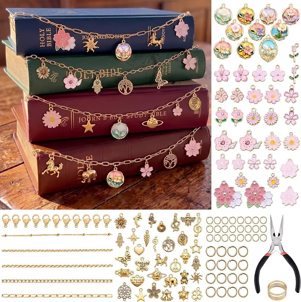Sureio Gold 5 Rolls 16.4ft Bible Chain Making Kit, 90 Charms, Floral