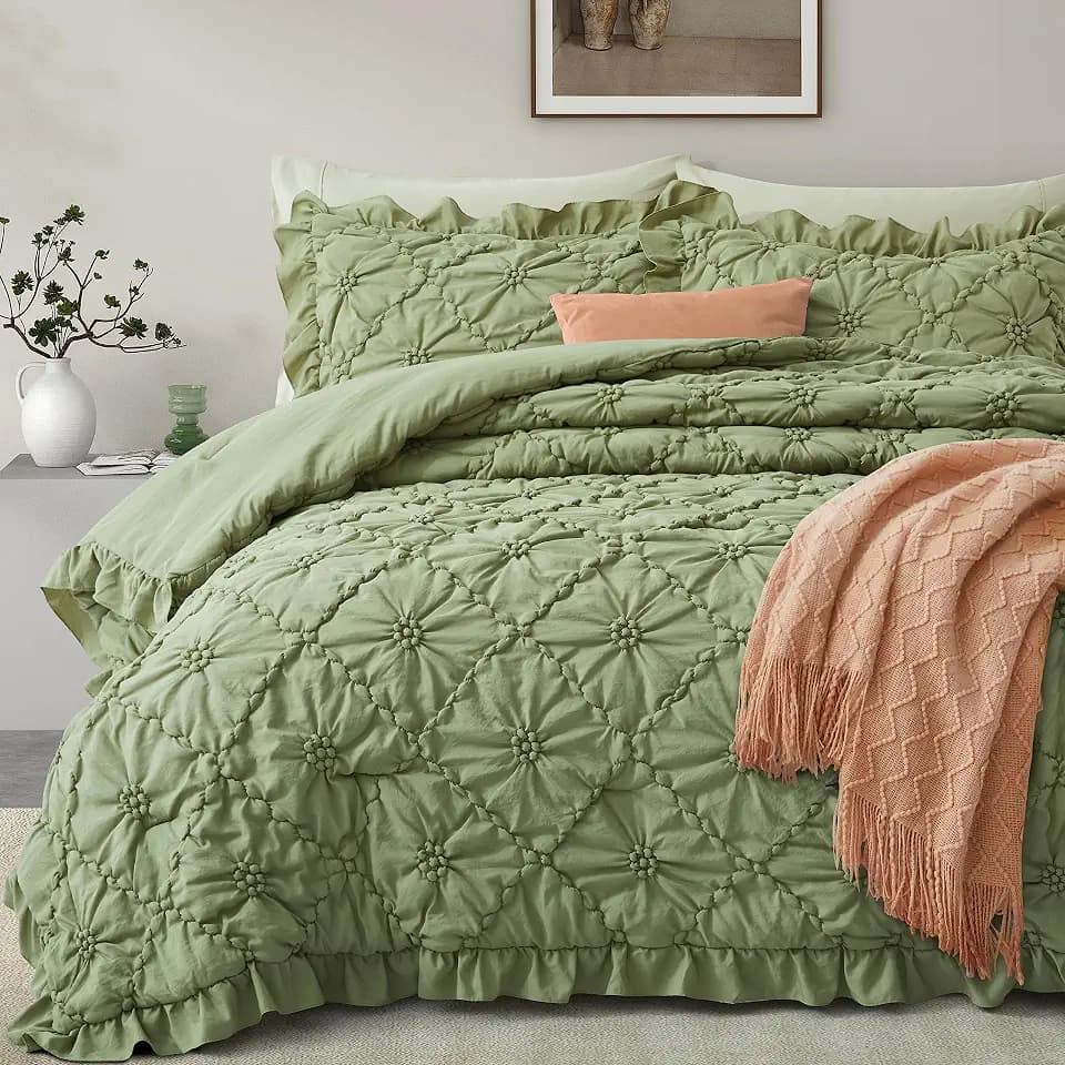 BEDAZZLED Queen Comforter Set, Green Pinch Pleat Ruffle, 3 Pieces