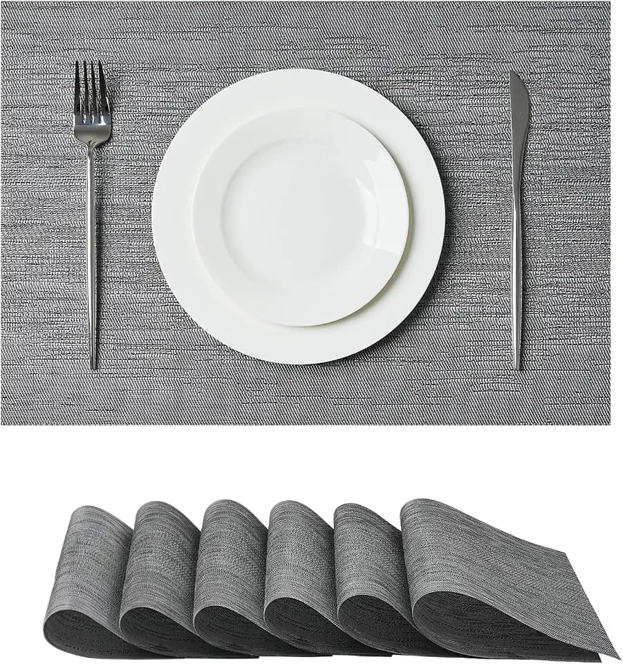 Grey Placemats, Heat Resistant Non-Slip Place mats for Dining Table, Washable Durable PVC Vinyl Woven Table Mats (Set of 6)