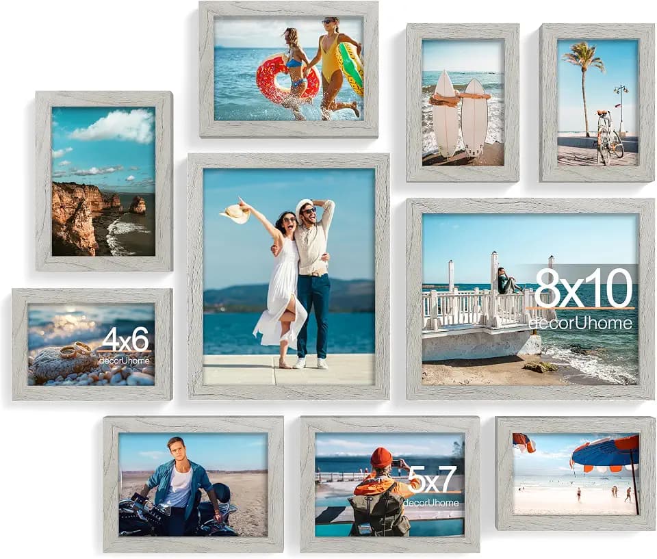 decorUhome 10 Pack Assorted Picture Frame Set for Wall & Tabletop, Grey