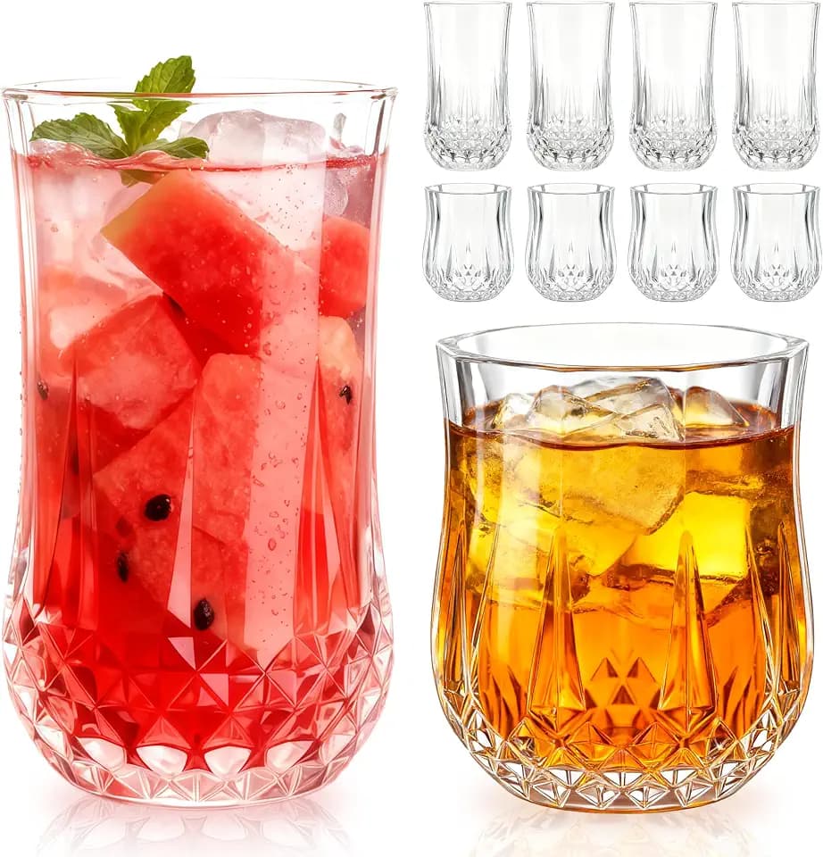 Ruckae Drinking Glasses Set of 8, Clear Curvature Glass Cups, 11 oz & 7 oz