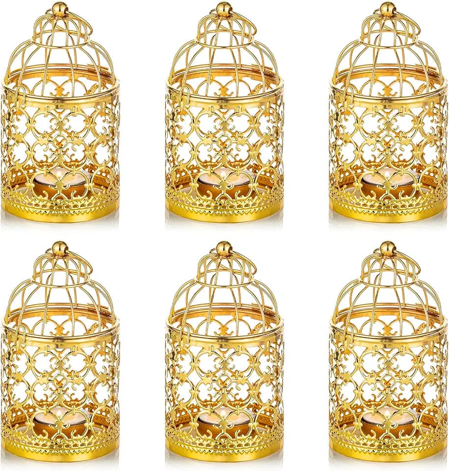 NUPTIO Vintage Hanging Birdcage Lantern, 6 Pcs Small Metal Tealight Holder