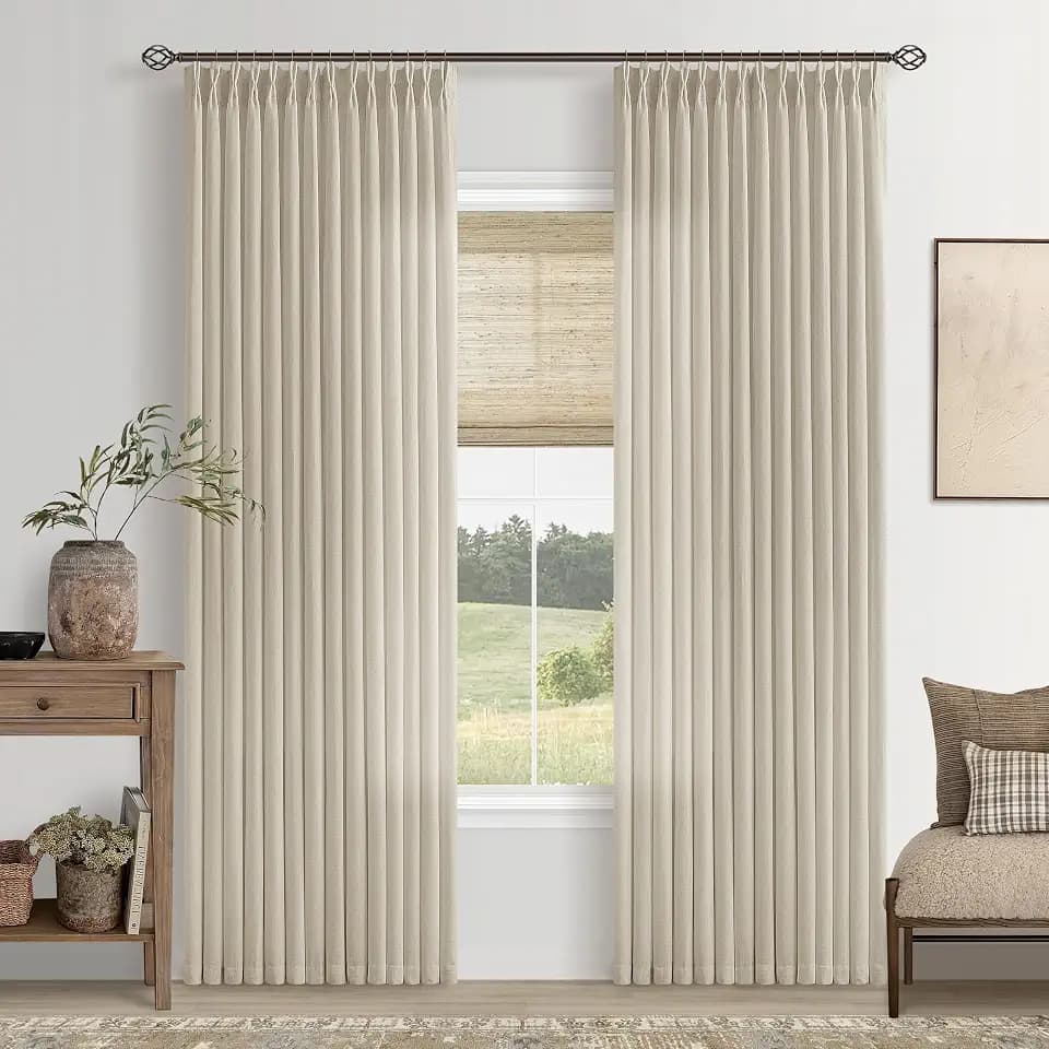 Oatmeal Pinch Pleat Semi Sheer Linen Curtains 84 Inch Long for Living Room