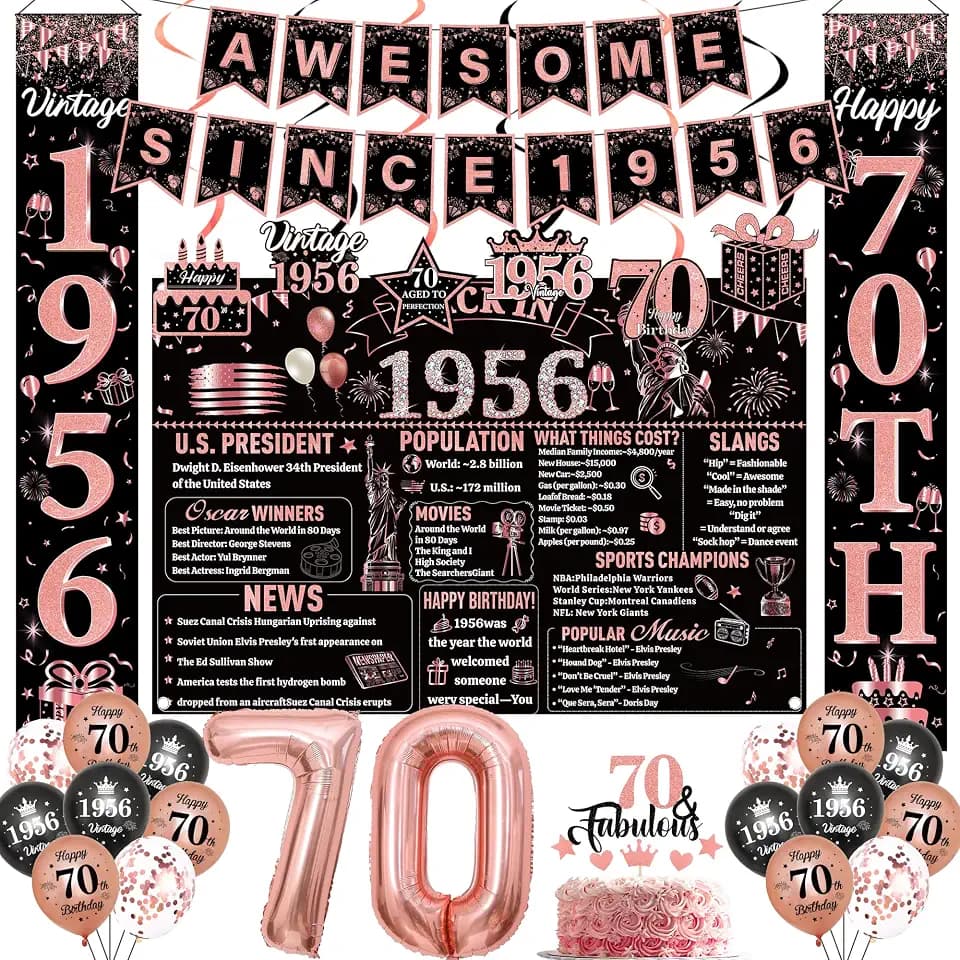 70th Birthday Decorations Women Set - 29 Pcs Black Rose Gold Happy Birthday Backdrop Banner Hanging Swirls Balloons Door Banner Cake Topper For Cheers To 70 Years Old Party