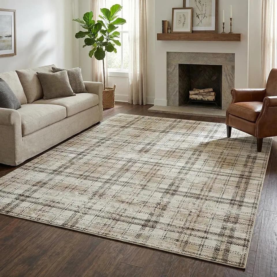 Large Area Rug 9x12 Plaid Rug Washable Rugs for Living Room Non Slip Soft Farmhouse Non-Shedding Carpet Indoor Low Pile Foldable Rugs for Bedroom Dining Room Nursery Playroom Beige