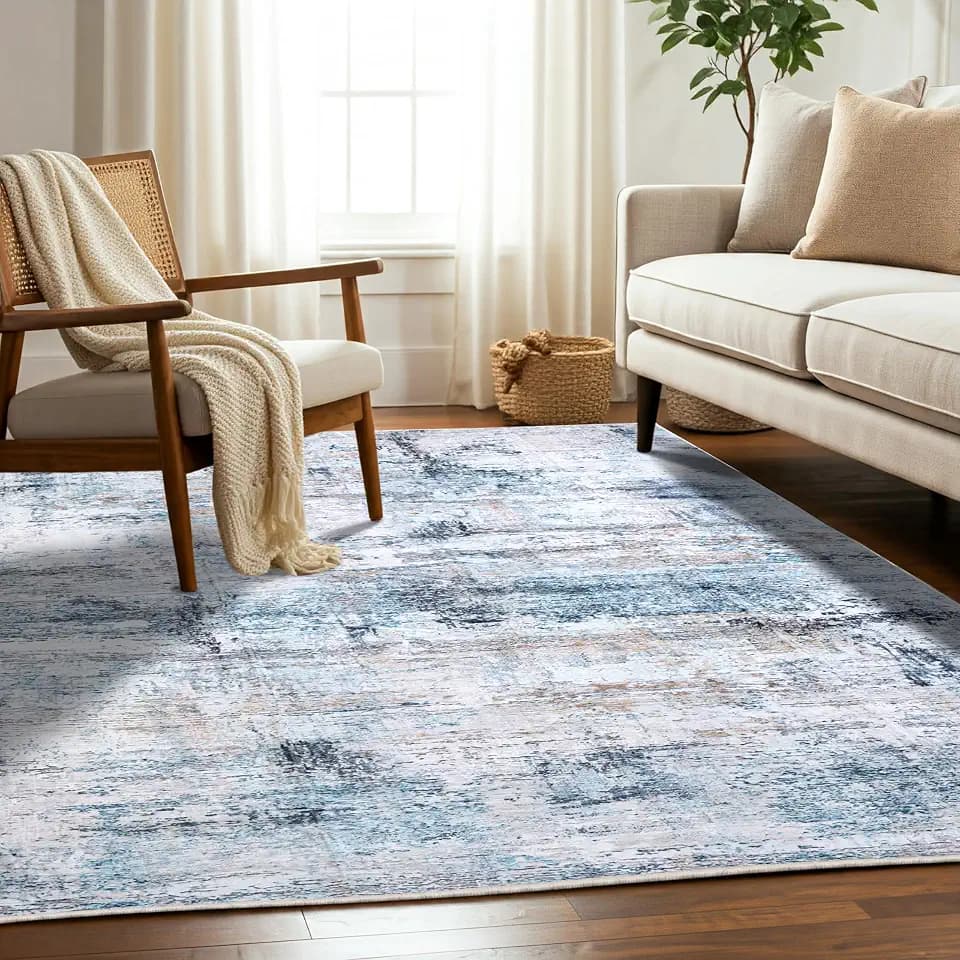 Delara Machine Washable Area Rug, Soft & Durable, Non-Slip, Stain Resistant Rug for Bedroom, Living Room, Dining Room, High Traffic Areas. (Blue/White Abstract, 5' X 7')