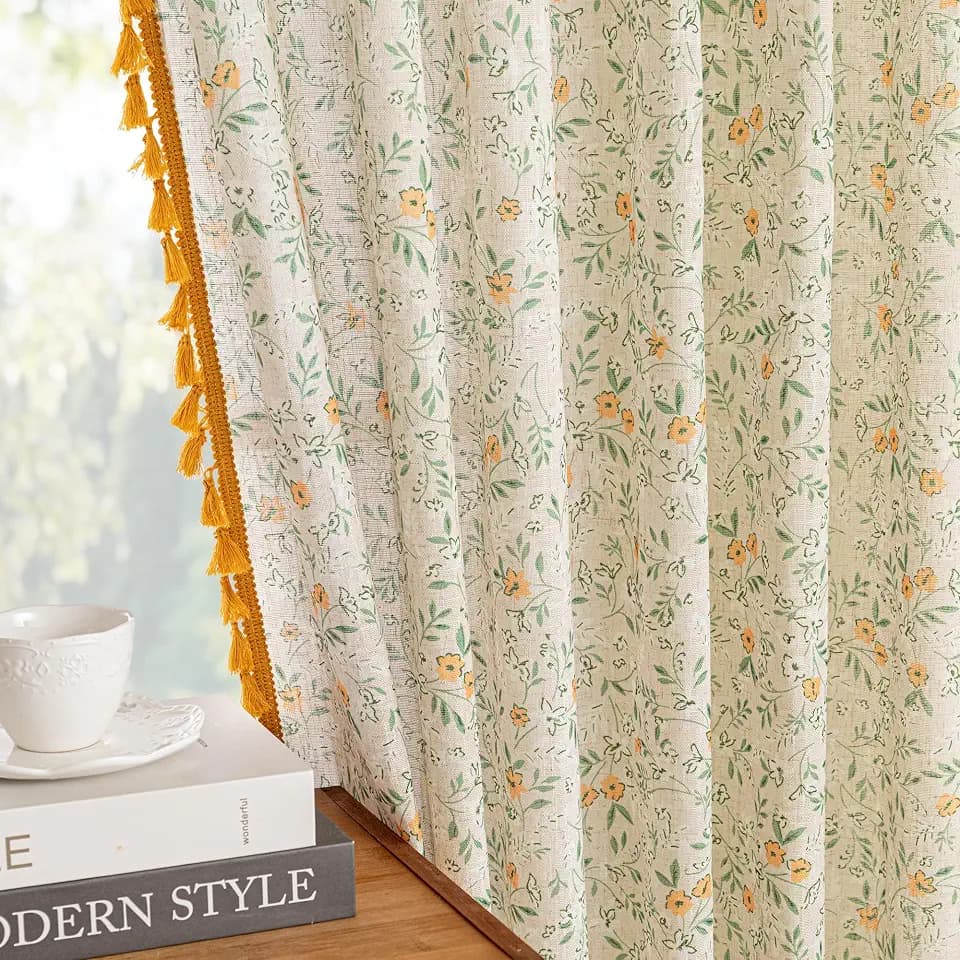 MYSKY HOME Floral Boho Linen Curtains 84 Inch Long 2 Panels Set with Yellow Tassels Farmhouse Vintage Semi Sheer Bohemian Living Room Bedroom Window Curtains Rustic Country Back Tab, 50"W, Green Leaf