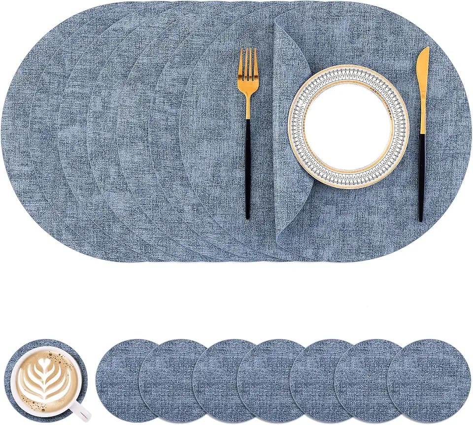Homaxy Round Faux Leather Placemats and Coasters, Set of 8, Blue