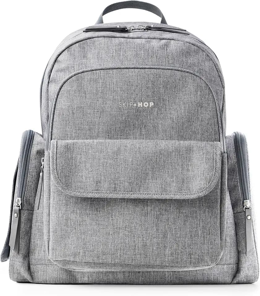 Skip Hop Diaper Bag Backpack with Portable Changing Pad, Easy-Access Wipes & Zippered Side Pockets, Luggage Sleeve & Stroller Straps, Fits a 15” Laptop, Luna, Heather Grey