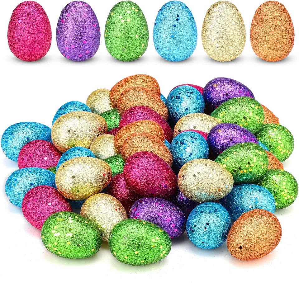 Leitee 60 Pcs Glitter Plastic Easter Eggs Fillable Empty 6 Colors 2.36 Inches Eggs Bulk for Easter Egg Hunt, Basket Stuffers, Party Favors, Spring Vase Filler, Decorations Supplies