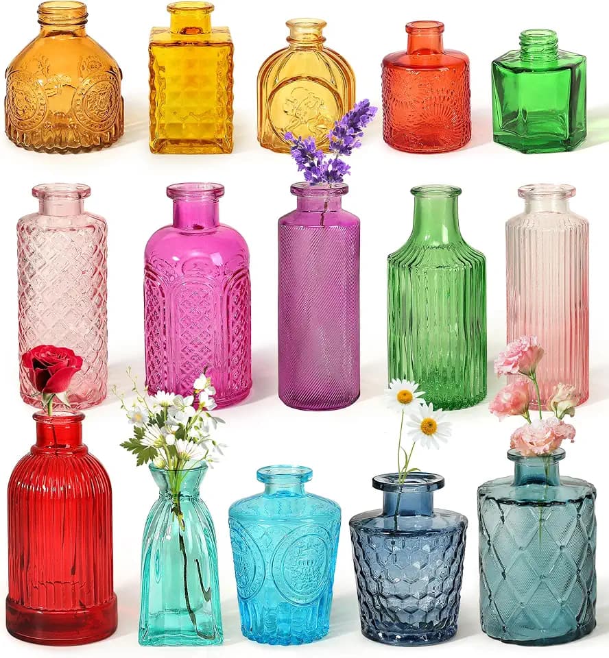 Set of 15 Colorful Glass Bud Vases Small Textured Flower Vases