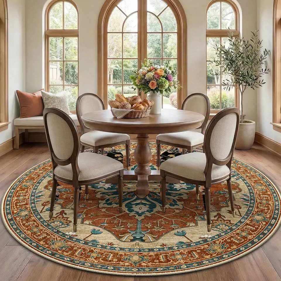 RELEANY Washable Area Rug, Round 7ft, Red/Orange/Blue/Brown