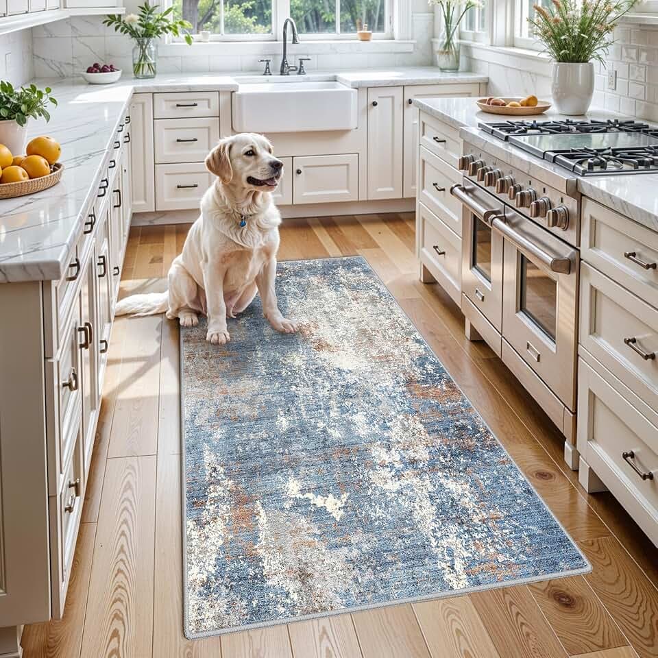 3x5 Washable Kitchen Rug – Non-Slip Rubber Backed Small Area Rug for Entryway, Bedroom, Living Room, Office – Soft Low-Pile Thin Modern Abstract Neutral Door Mat (Blue Rust,3x5)