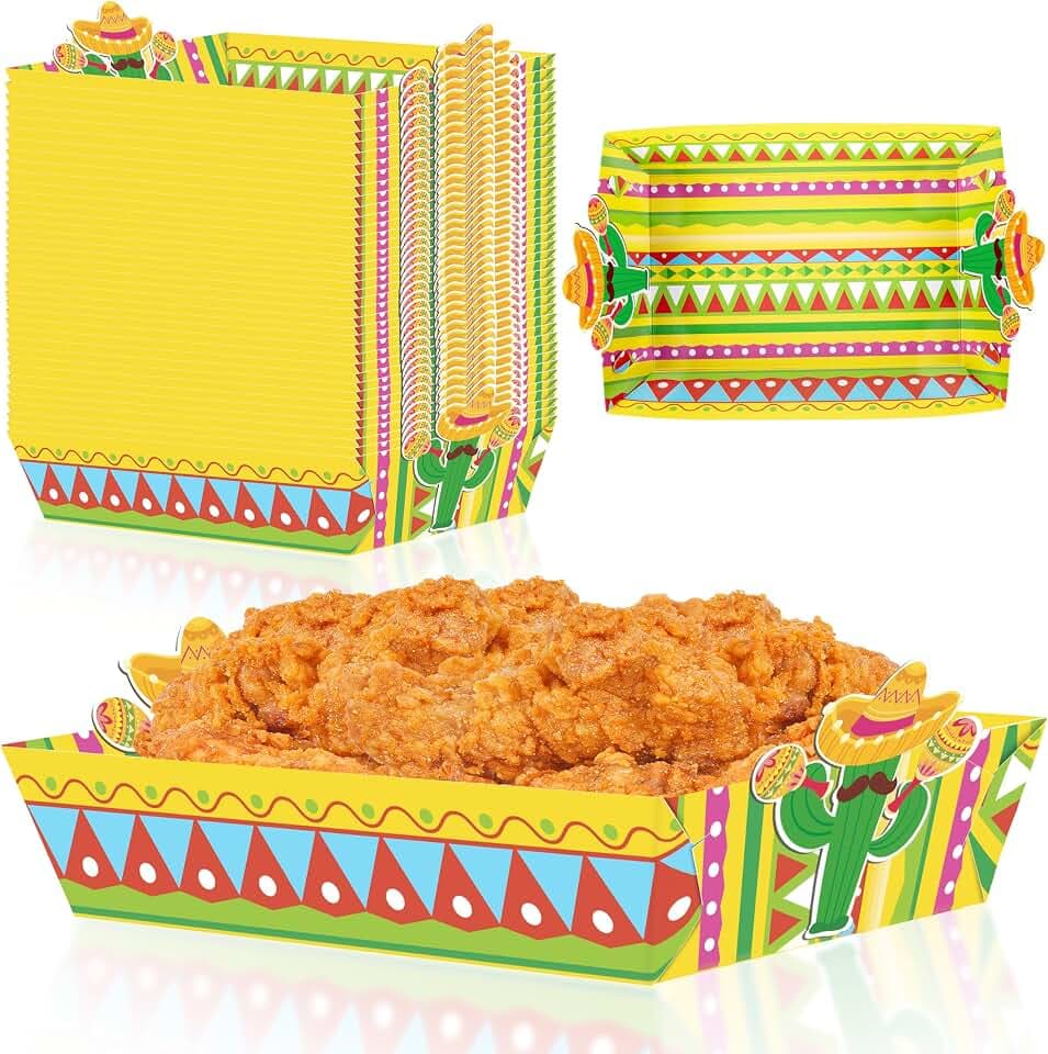 50 Pack Cinco De Mayo Party Decorations - Paper Food Trays Mexican Disposable Serving Fiesta Plates for Birthday Supplies(Yellow)