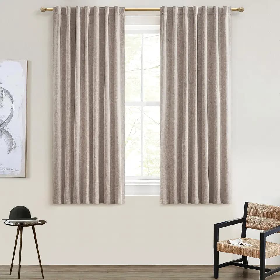 QJmydeco Small Blackout Kitchen Curtains 48 Inch Length, Rustic Farmhouse Pleat Burlap Basement Curtains for Small Window Room Darkening Privacy Drapes Back Tab (2 Panels 50" W x 48" L, Linen)