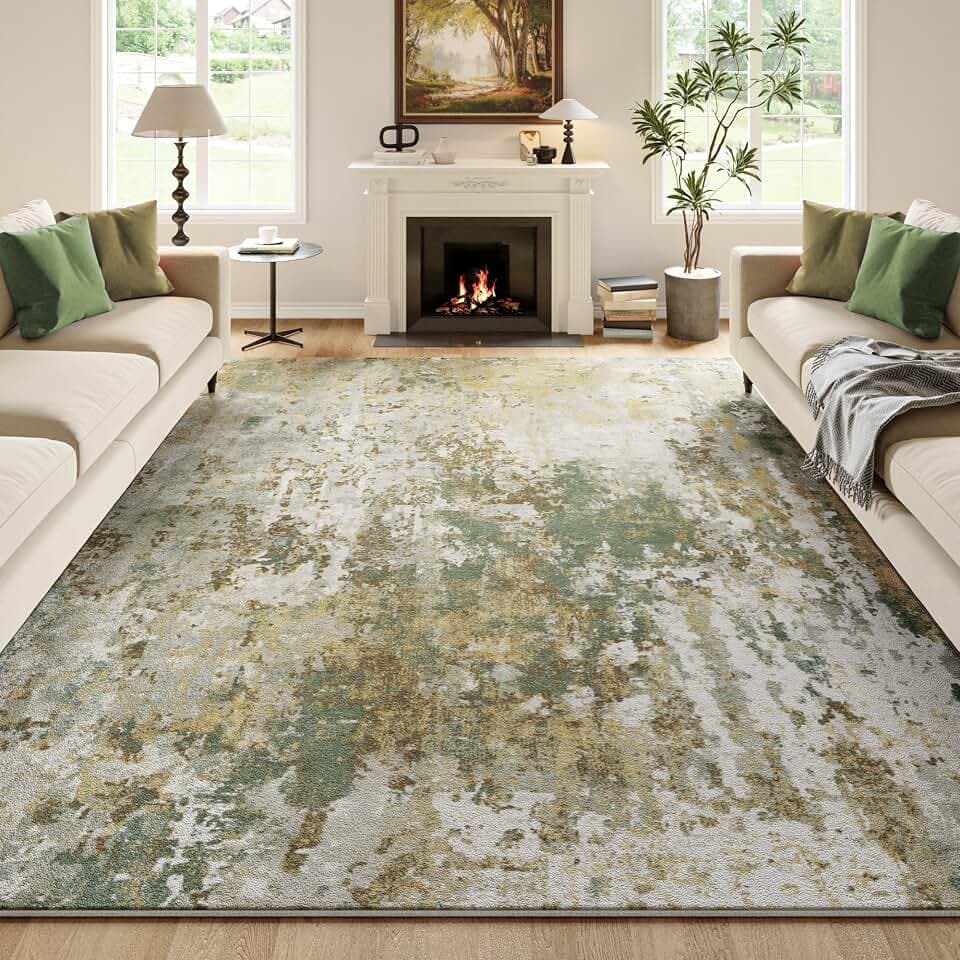 Green Washable Rug 6x9 Area Rugs for Living Room Bedroom Carpet, Indoor Vintage Abstract Boho Large Rug Non Slip Faux Wool Rugs for Dorm, Dining Room Table, Nursery, Kids Playroom, Sage Green
