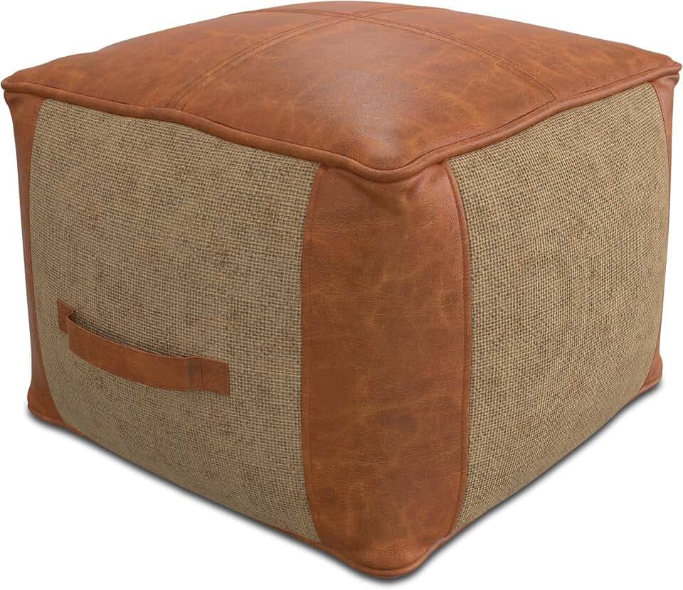 SIMPLIHOME Atkinson 18" Wide Square Pouf in Tan Genuine Leather