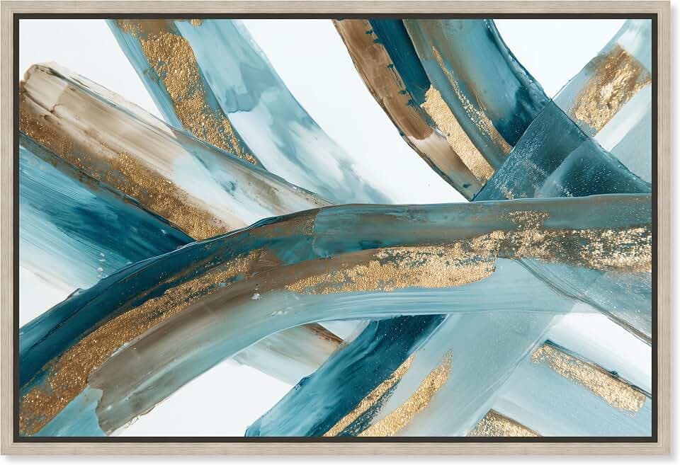 Gold Accents II Framed Canvas Print Blue And Gold Wall Art by Art Remedy, Blonde Frame, 15 x 10