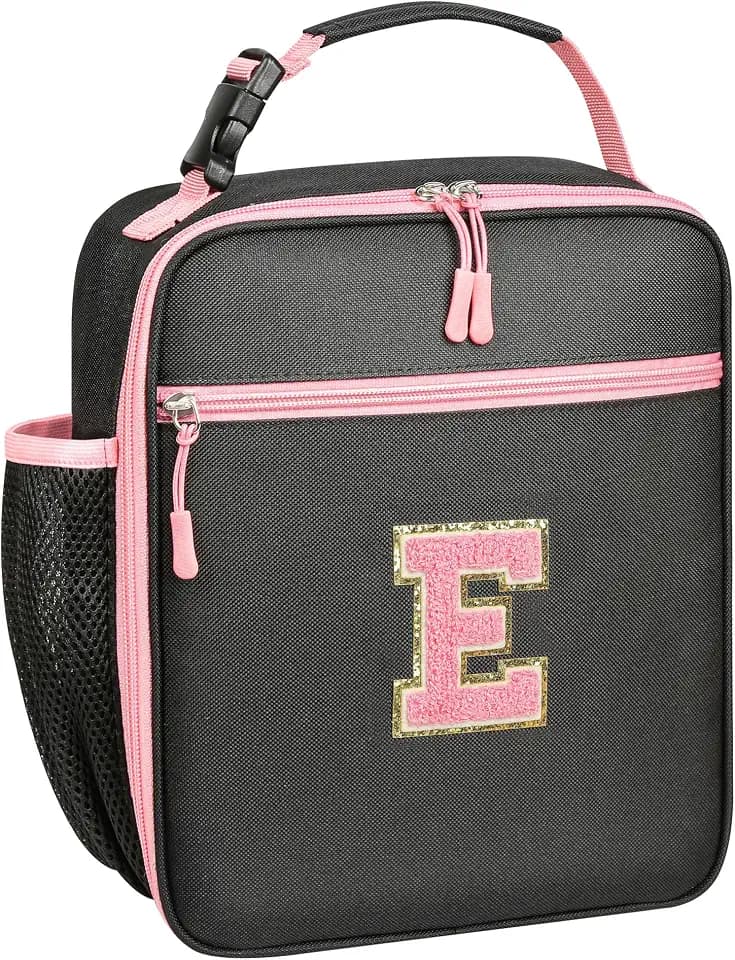 WOBAGMEN Initial Lunch Box for Women Girls,Insulated Lunch Bag with Monogram Letter,Cute Personalized Thermal Lunch Box for Teens Kids Adult for Work Camping Back to School Gift (pink, E)