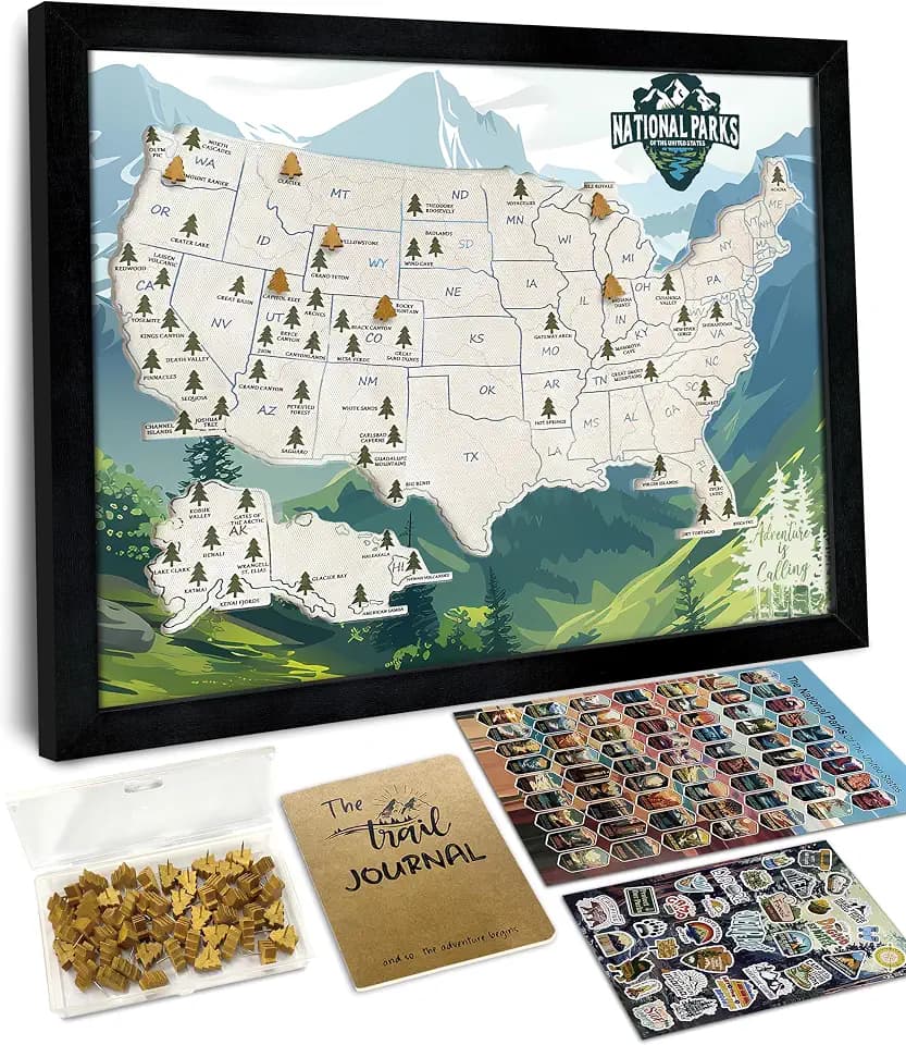 flinelife National Parks Map With Wooden Pine Tree Pins, 13X11, National Park Bucket List Cork Map, Perfect for National Parks Lovers, Hiker, Couples and Families Gift