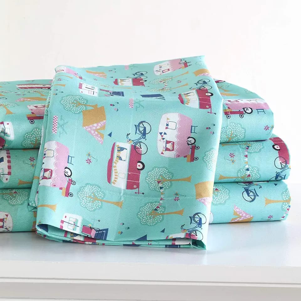 The Lakeside Collection Queen Sheet Set, Blue, Retro Happy Glamping