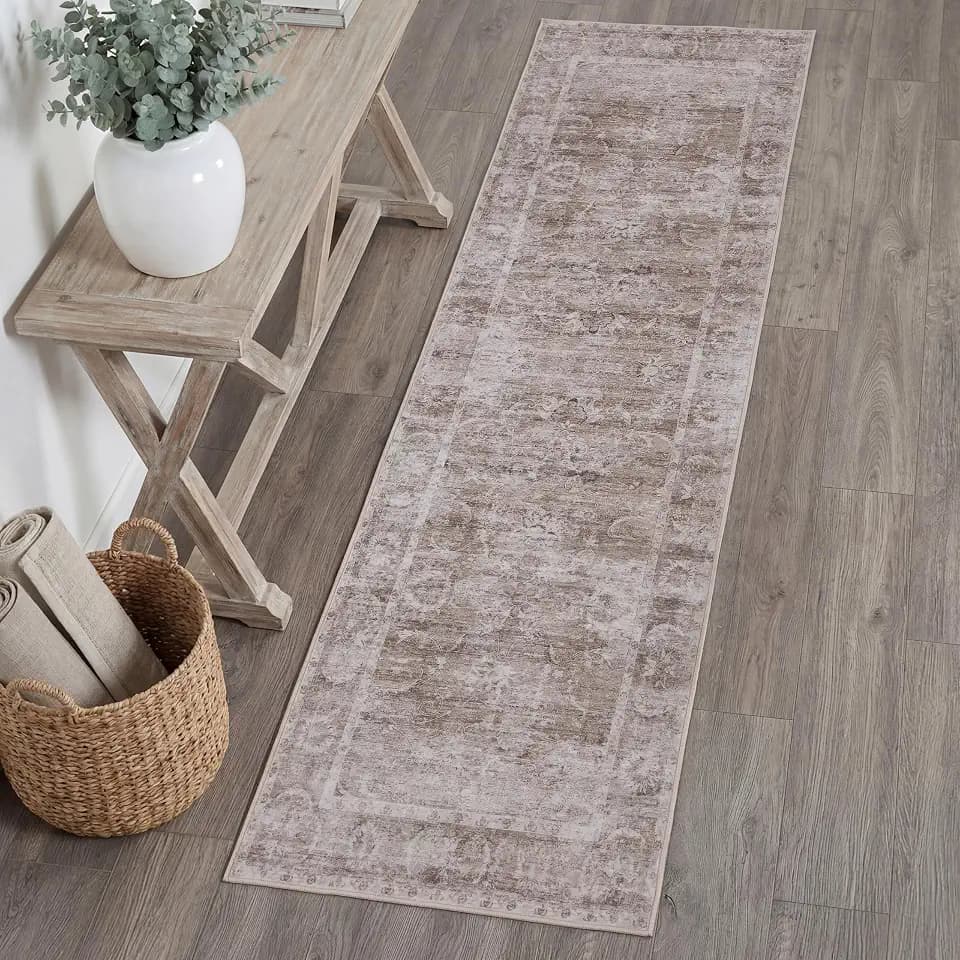 JONATHAN Y Ultra-Soft Machine-Washable Rug with Non-Skid Backing, Beige/Cream 2'x8' Arabella Vintage Floral Border, Non-Shedding, Velvet Luxury Feel for Living Room, Dining Room, Bedroom (VOR107D-28)