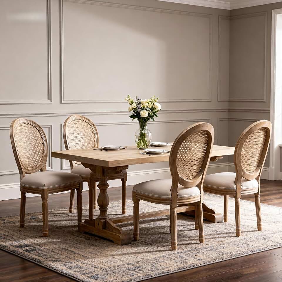 GDFStudio French Dining Chairs Set of 2, Beige Linen Upholstered Oval Rattan Back Seating with Fluted Legs, Wood Frame, Antique Painted Finish, Modern Farmhouse Accent for Kitchen or Dining Room