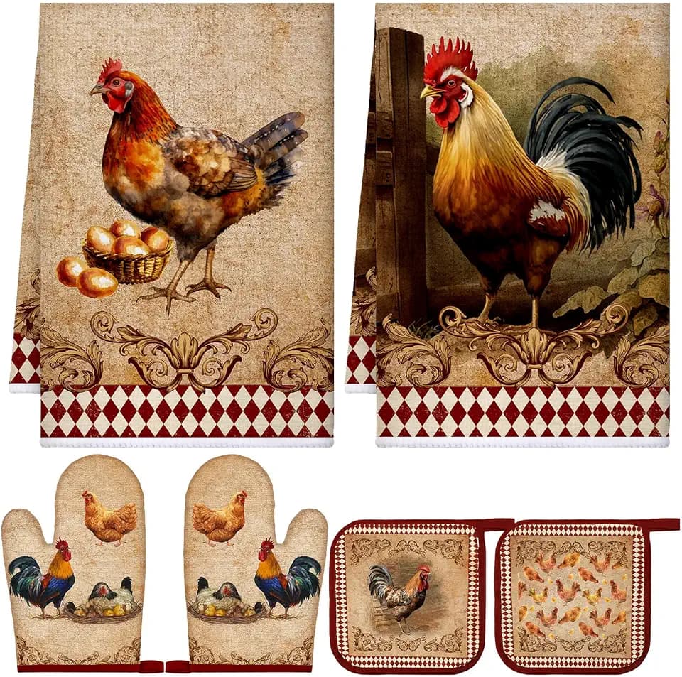 Leinuosen 6 Farm Rooster Farmhouse Kitchen Decor Dish Towels Oven Mitts and Pot Holders Sets Chicken Kitchen Towels Absorbent Decorative Accessories for Cooking Baking Grilling