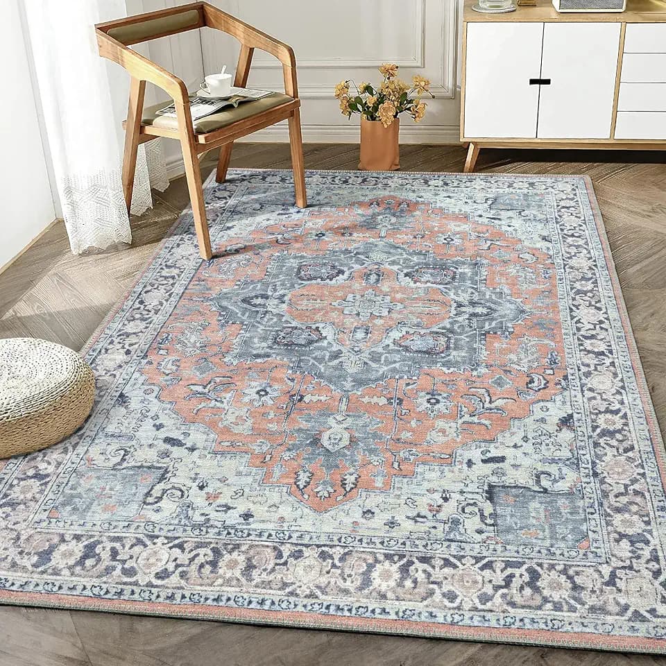 Bloom Rugs Washable Non-Slip 3' x 5' Rug - Coral/Blue Traditional Medallion Area Rug for Living Room, Bedroom, Dining Room, and Kitchen - Exact Size: 3' x 5'