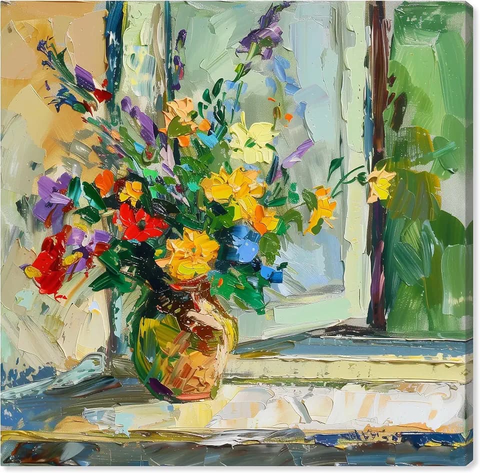 Art Remedy Vase By The Window Gallery Wrapped Impressionism 1 Piece Canvas Wall Art/Monet And Van Gogh Inspired Art, 30" x 30", Gallery Wrapped