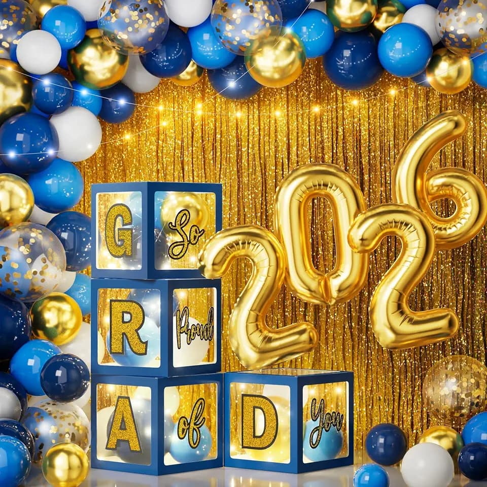 2026 Graduation Decorations - 86 PCS Graduation Party Decor Supplies Set Includes LED Light Strings Balloon Block Boxes with Letters Foil Curtains Backdrop 2026 Balloon Garland Kit - Blue Gold