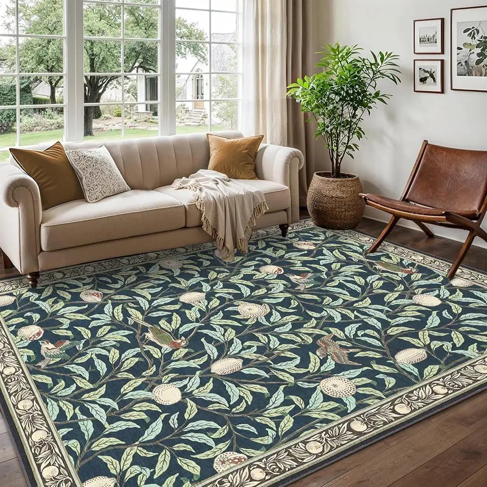 COZYLOOM Washable Rugs for Living Room 9x12 Non-Slip Farmhouse Botanical Area Rugs, Low Pile Stain-Resistant Vintage Carpet, Soft Foldable Print Floor Mats for Bedroom, Nursery, Home Office, Blue